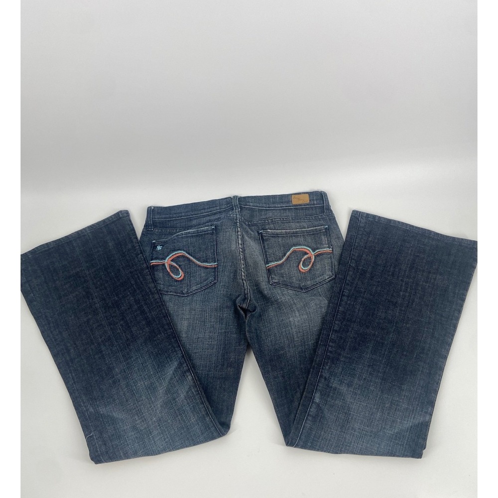 See Thru Soul Denim Flare Jeans Medium Wash Embroidered Pockets Size 31